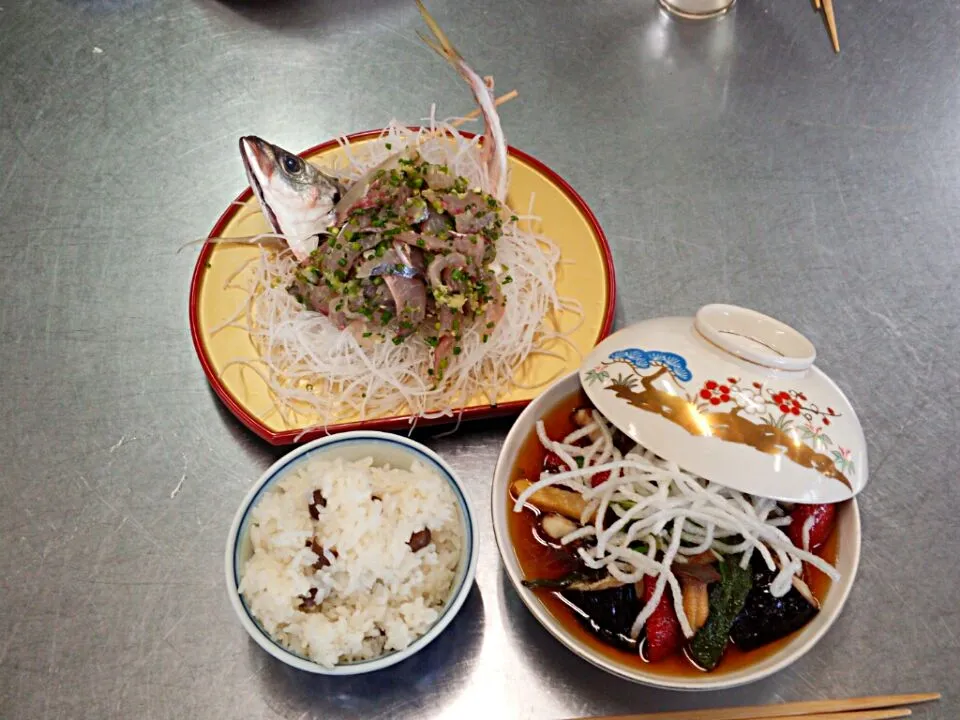 ムカゴごはん・鯵の野菜餡掛け・鯵のたたき|ゆいなさん