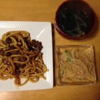 プルコギうどん ワカメスープ 春雨サラダ|ゆきさん