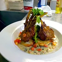 Snapdishの料理写真:Mustard crusted lamb with a white bean cassoulet and lamb mint Ajus|Roberto A. Parrillaさん