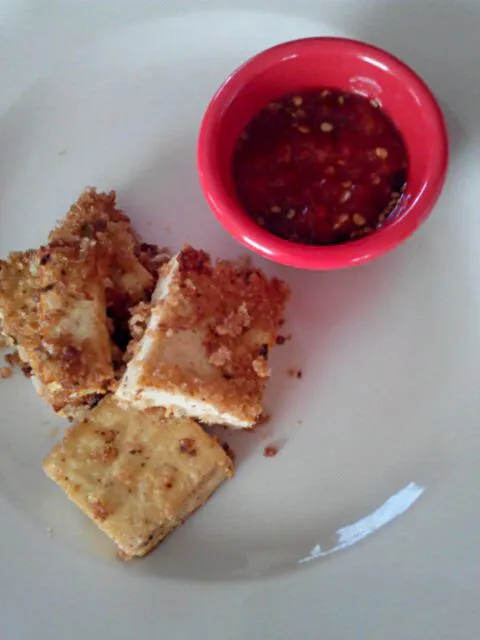 Fried organic tofu with spicy teriyaki dipping sauce.|Polly Gelfusoさん