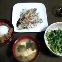 牛丼，しめ鯖、大根葉のお浸し、おみそ汁(^.^)|Ituko Takeutiさん