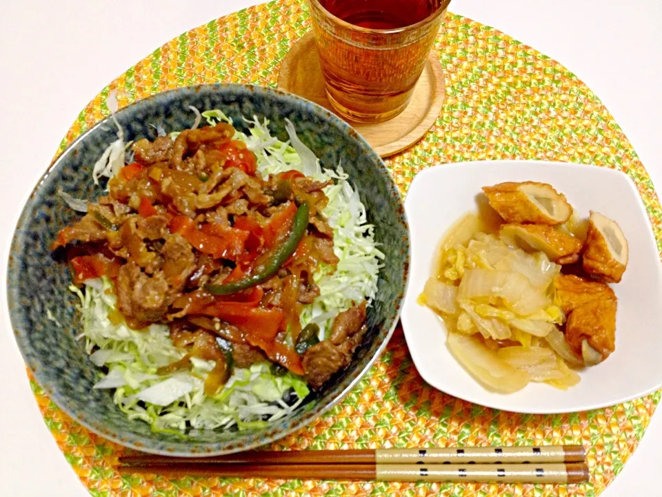 焼き肉丼、白菜とごぼう天の煮物♡|yuiさん