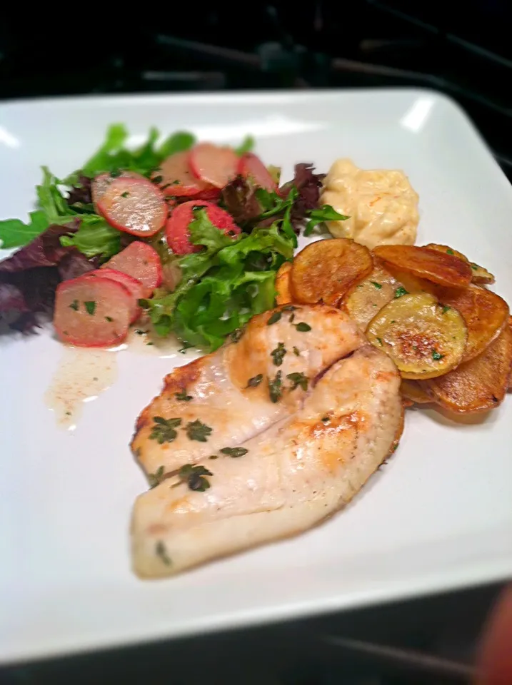 Sea Bass with Lemon Aioli, Crispy Potatoes and Sautéed Radishes|K Goodnessさん