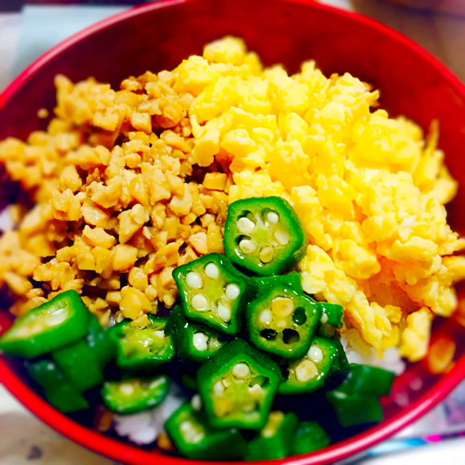 豆腐のそぼろと卵のそぼろとオクラの三色丼|Rizaさん