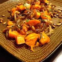 Snapdishの料理写真:Roasted Butternut Squash with a sage infused honey butter sauce, caramelized onions and roasted squash seeds|alicia metzさん