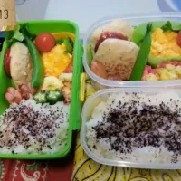 Snapdishの料理写真:娘たちの今日の弁当~▽~＠おかずは豆腐ハンバーグ、チーズのオムレツ|Yoko Shibutaniさん