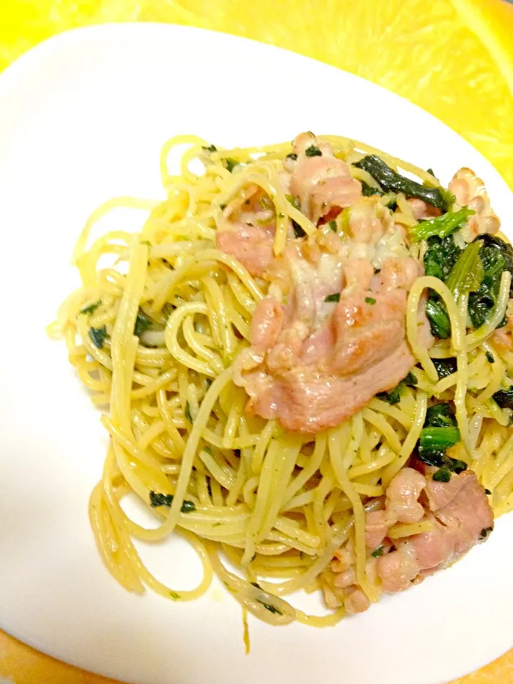 ベーコンとほうれん草の柚子胡椒パスタ|くわさん