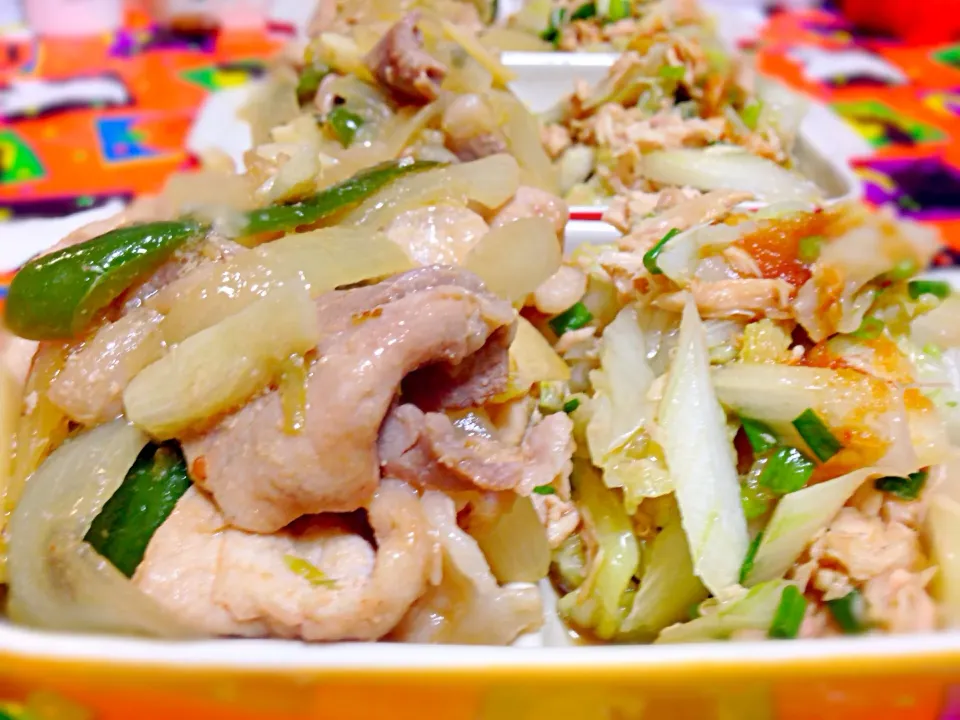 味つけ豚肉と野菜炒め、蒸し白菜とシーチキンの和えもの💚|きゅうちゃんさん