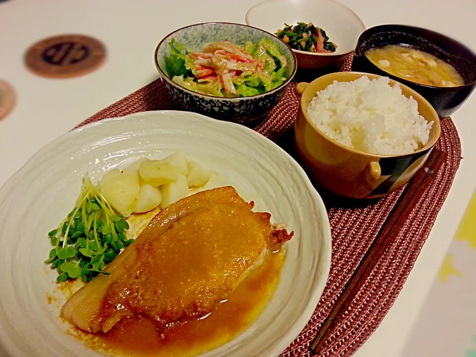 Snapdishの料理写真:ポークソテー マスタードソースの定食晩ごはん＊|MAAさん