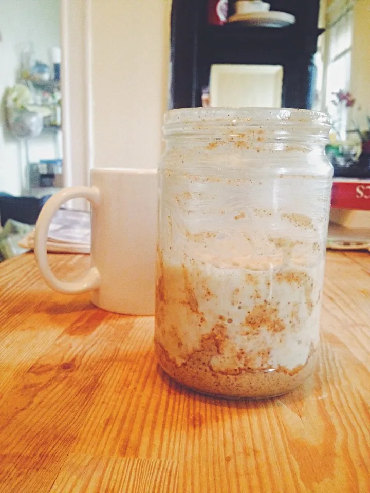 Plain soy milk oatmeal in an almost empty almond butter jar|Jackieさん