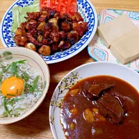 タンシチュー、タコの唐揚げ、しらす丼、高野豆腐|モコロコさん