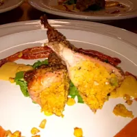 Snapdishの料理写真:Cornbread stuffed 5 herbed quail with a sweet corn purée and deep red wine fig sauce and fried corn as garnish|Roberto A. Parrillaさん