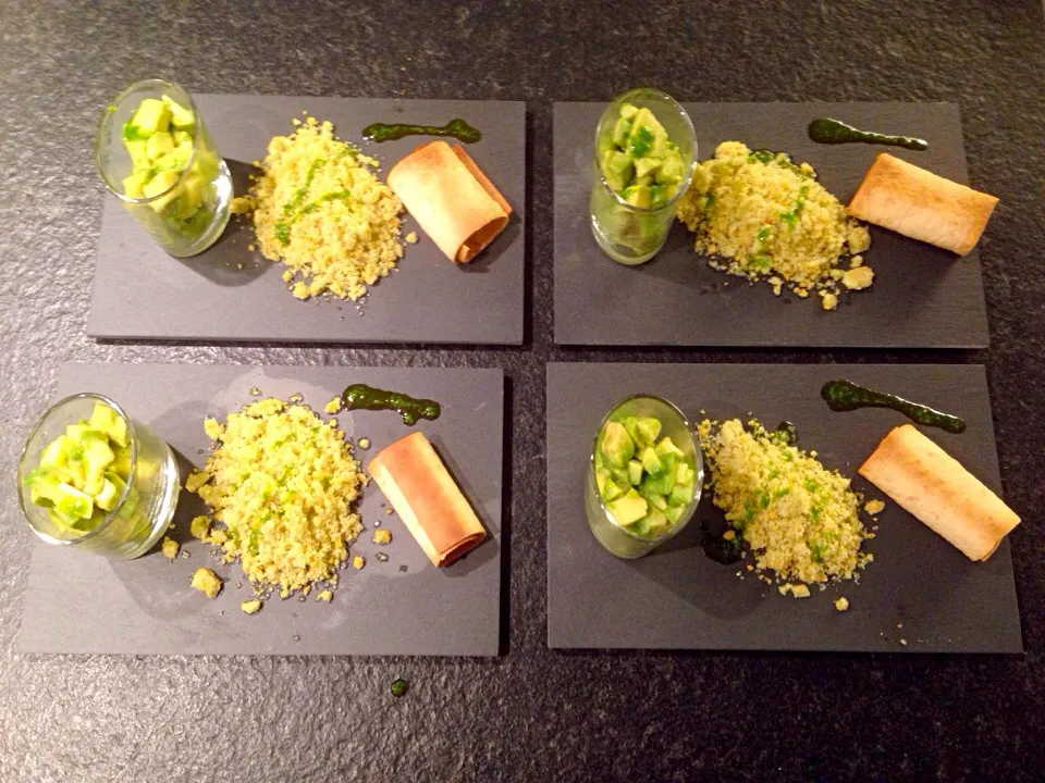 Granité Tomato and Coriander with Avocado Coulis and crispy Tortilla Roll|Mario Tonee Sireraさん