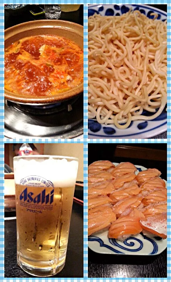 Snapdishの料理写真:キムチ鍋&すし/kimchi noodle&salmon sushi(*^^*) yesterday's dinner w/Yokatokoro's family(^o^)v|Miki Jorierose Obispoさん