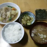 Snapdishの料理写真:肉じゃが キャベツときゅうりのごま和え めかぶのオクラ和え  味噌汁|佐竹真梨子さん