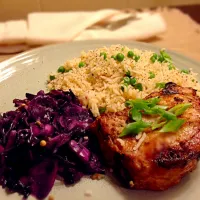 Snapdishの料理写真:Grilled honey soy pork chop with spiced rice and cabbage|alicia metzさん