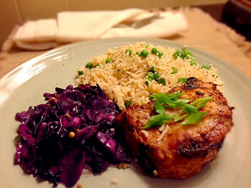 Grilled honey soy pork chop with spiced rice and cabbage|alicia metzさん