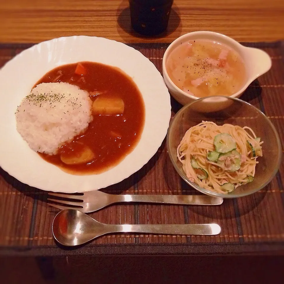 カレー、サラスパ、白菜とベーコンのスープ|はるさん