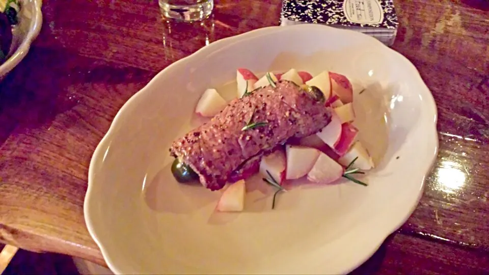 Roulade wrapped around a homemade pickle on homemade potato salad|Jacki Carterさん