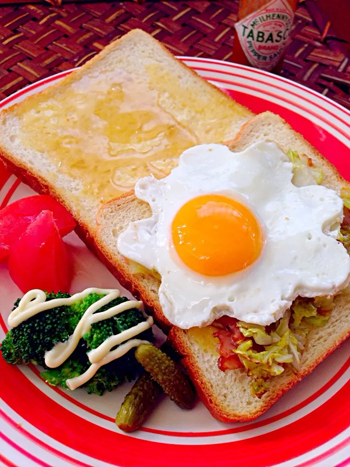 chinese cabbage bacon cheese with fried egg sandwich🍳とろｼｬｷ白菜とﾍﾞｰｺﾝﾁｰｽﾞの目玉焼き乗せｵｰﾌﾟﾝｻﾝﾄﾞ|🌈Ami🍻さん