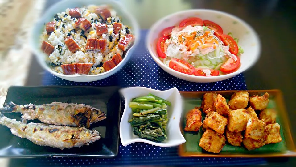 ひつまぶし  オニオンとセロリの明太クリームサラダ  鮎の塩焼き  鳴沢菜の漬物  カジキのカレー風味揚げ|石川洋子さん