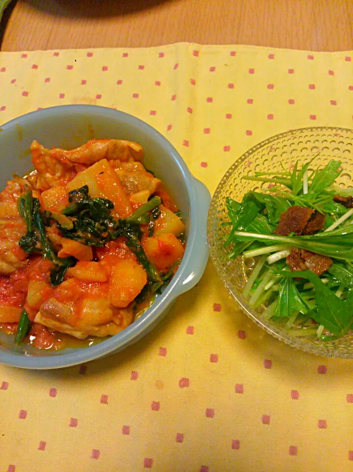 ※鶏肉とジャガイモのトマトクリーム煮
※カリカリベーコンと水菜のホットサラダ|まめちさん