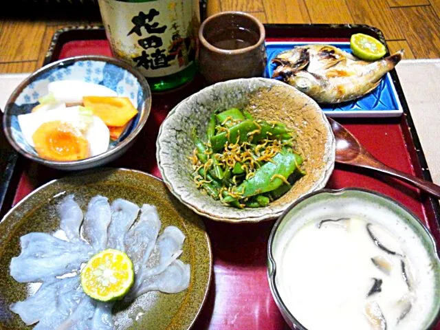 ふぐ刺し、茶碗蒸し、モロッコ豆、柿とカブの洋風なます、ノドグロ、花田植（日本酒）|ほたるさん