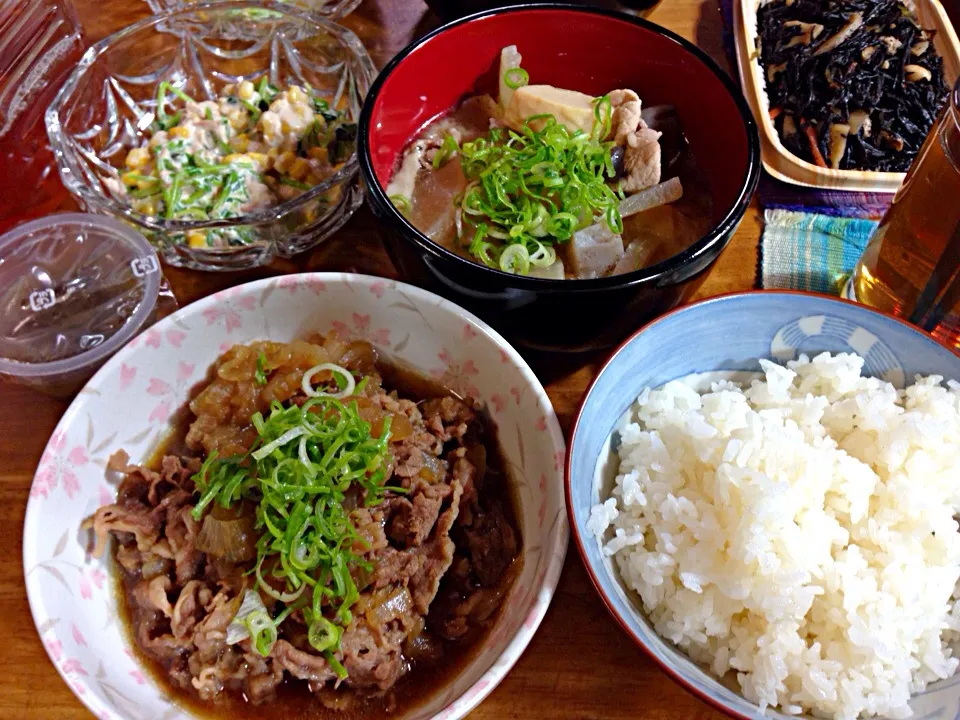 Snapdishの料理写真:牛丼の具、豆苗とツナのサラダ、豚汁他(^O^)／|すかラインさん