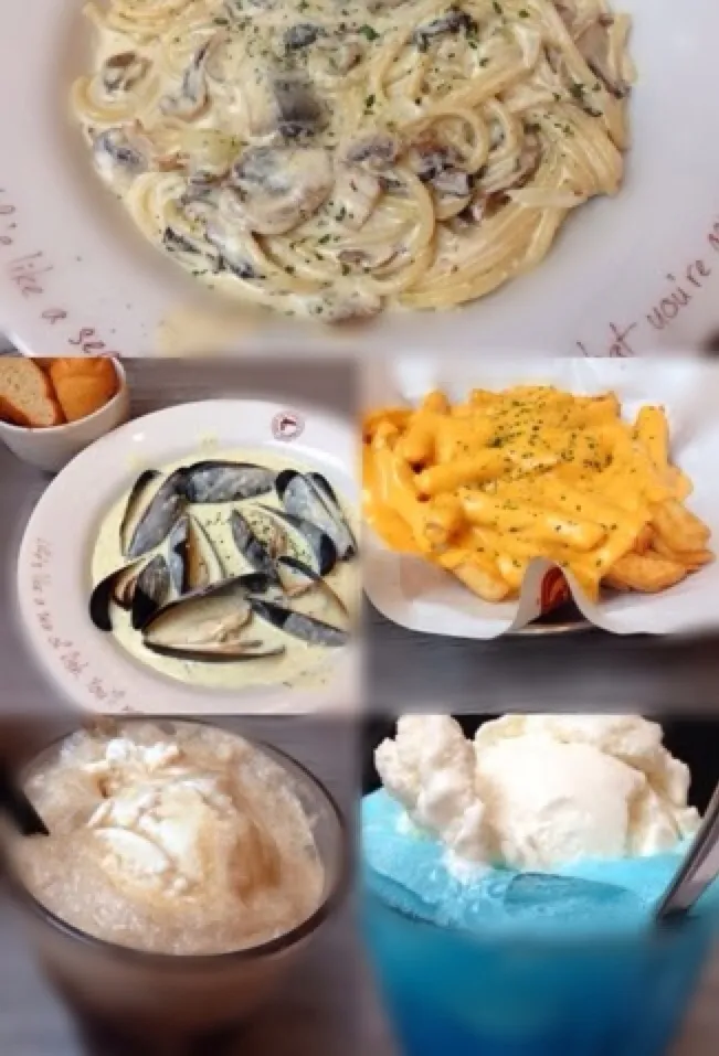 Creamy mushroom spaghetti , mussels , cheese fries , root beer float and blue lagoon float|Amanda Leeさん