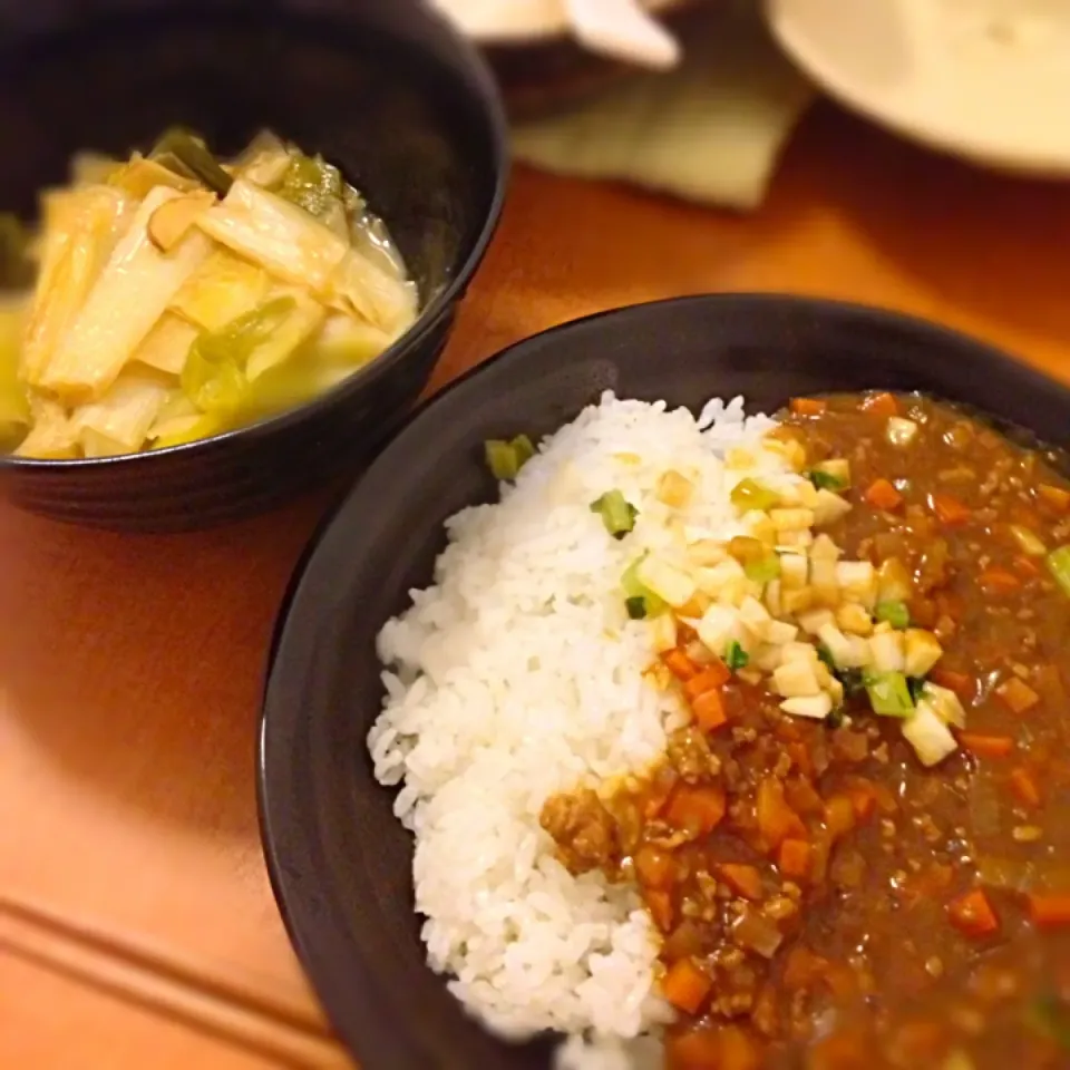 キーマ風カレー＆長ネギのしょうが味噌煮|ともえさん