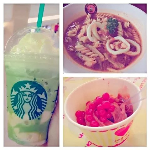 Green Tea Frappe  (Starbucks), seafood soup pasta (Pastamania) , red velvet with strawberry burst (sogurt)|Amanda Leeさん