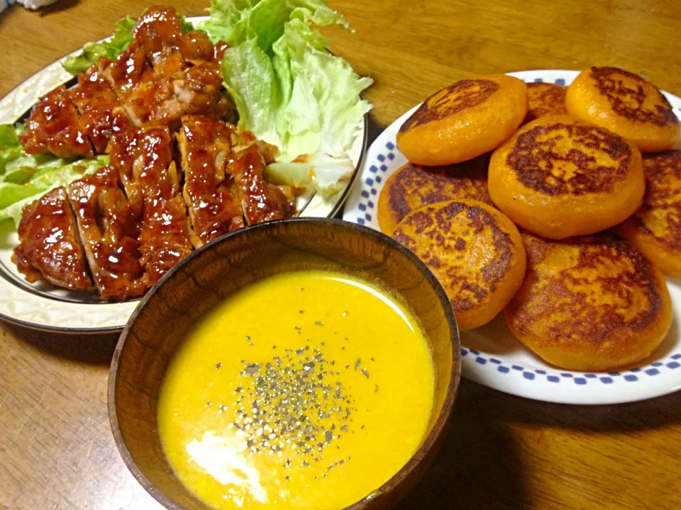 ＊照り焼きチキン ＊かぼちゃもち ＊パンプキンスープ|ひかりさん