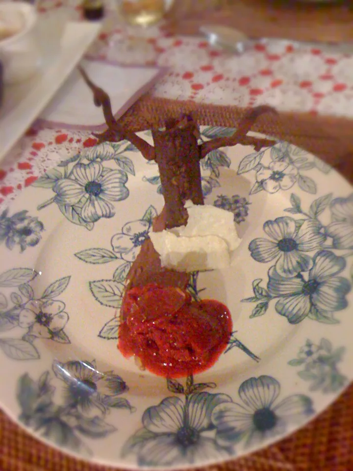 Chocolate tree with vodka raspberry sorbet, vegan chocolate mousse and apple crisp.|kipper's kitchenさん