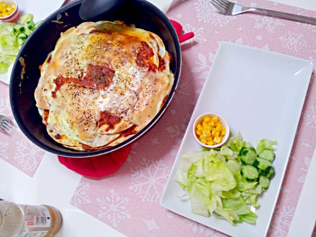 今日の夕食 餃子の皮使用のラザニア|pinknari🐰🌈さん