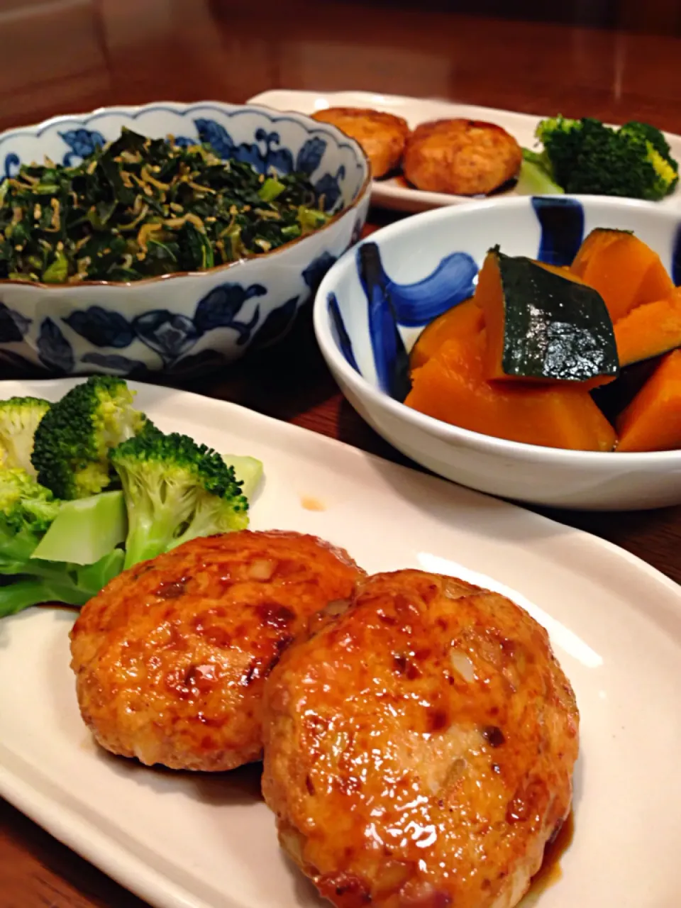 鶏つくねの照焼  かぼちゃの煮物  大根の葉とじゃこの炒め物|イエローフリージアさん