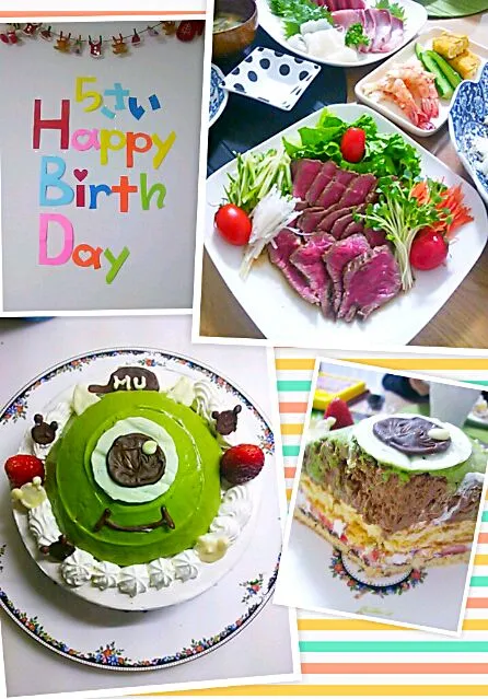 Snapdishの料理写真:☆Happy  birthday＊5☆手巻き寿司＊牛たたき野菜添え＊味噌汁＊Birthday  cake（抹茶ｸﾘｰﾑ＊ﾁｮｺﾑｰｽ＊生ｸﾘｰﾑ＊ｽﾎﾟﾝｼﾞ＊苺＊生ｸﾘｰﾑ＊ﾁｮｺ＊ｽﾎﾟﾝｼﾞ）|ｼｮｺﾗさん