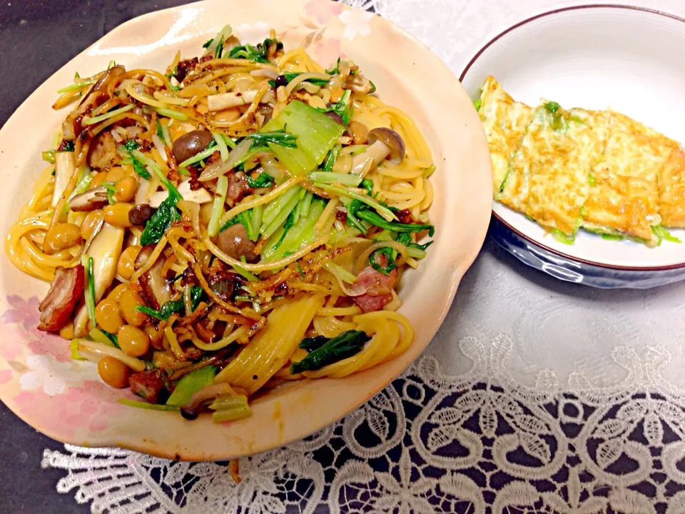 キノコたっぷり納豆パスタの晩ご飯|やすさん