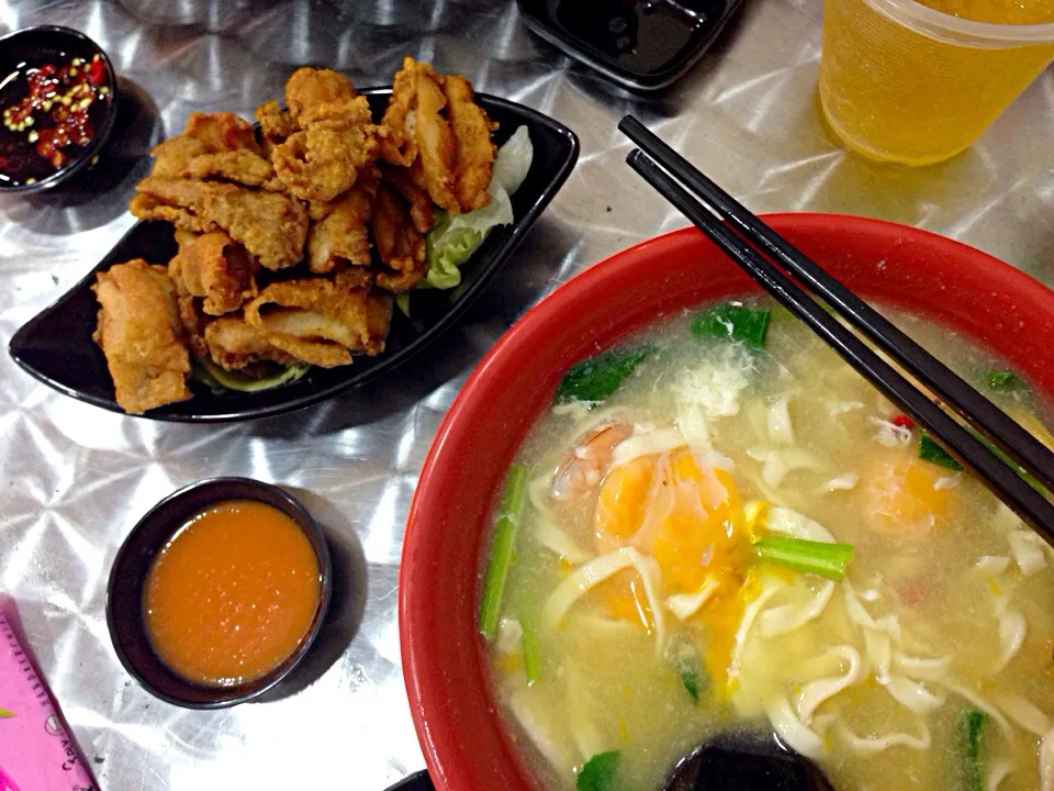 Seafood ban mian + chicken karage|hurul | 후룰さん