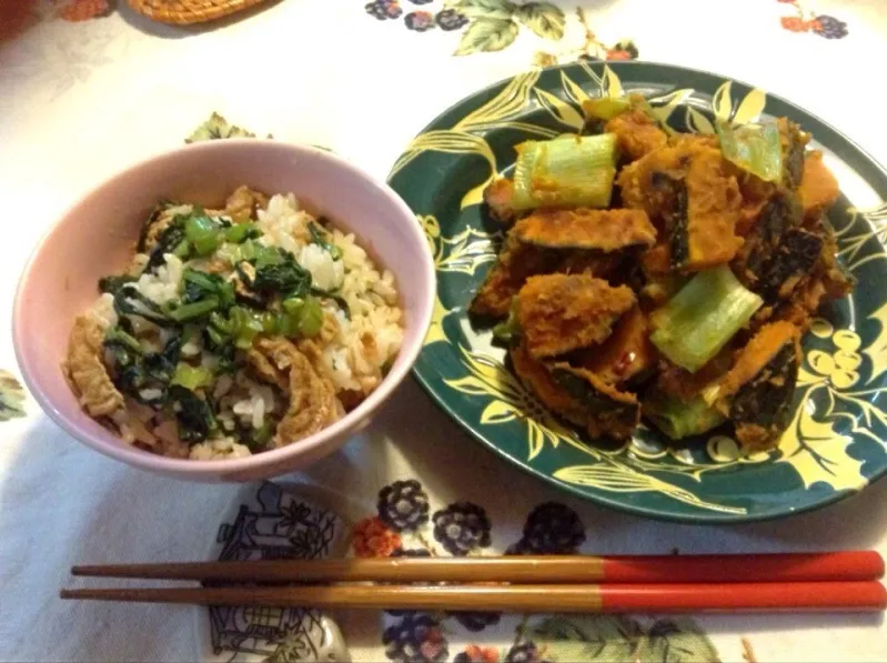 Snapdishの料理写真:南瓜と白葱の甘辛味噌炒め、小松菜と油揚げの混ぜご飯|May uponさん