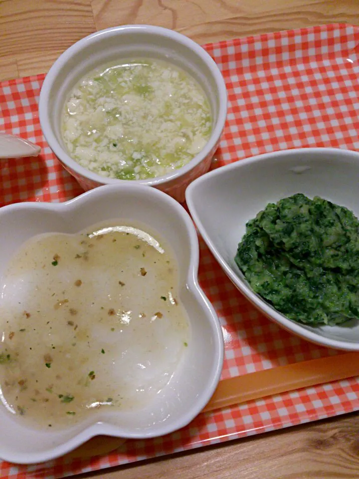 カレイと野菜のあんかけ粥
白菜と豆腐のスープ
サツマイモとほうれん草のペースト|ノキアさん