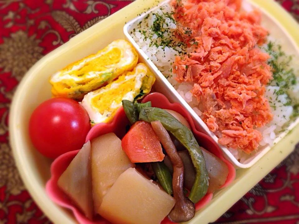 Snapdishの料理写真:野菜の煮物と鮭のほぐし身のせ弁当|もえさん