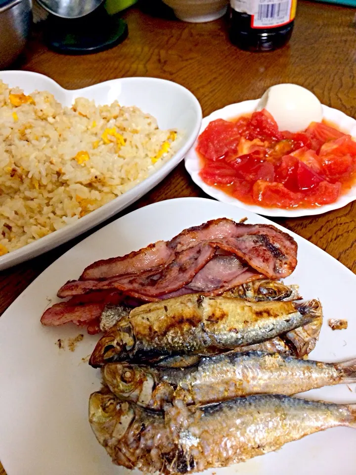 Garlic fried rice/friedtuyo,bacon,boiledegg|MJ🇵🇭🇯🇵さん