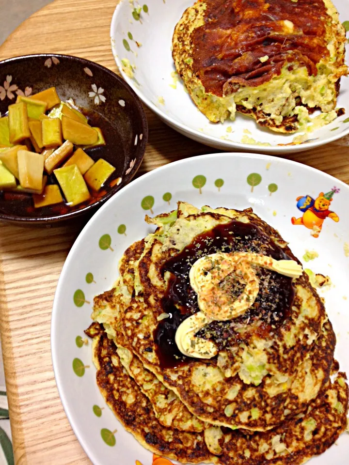 お好み焼き風キャベツ長芋と卵だけ。大根の皮は醤油とごま油に漬けて|ありささん