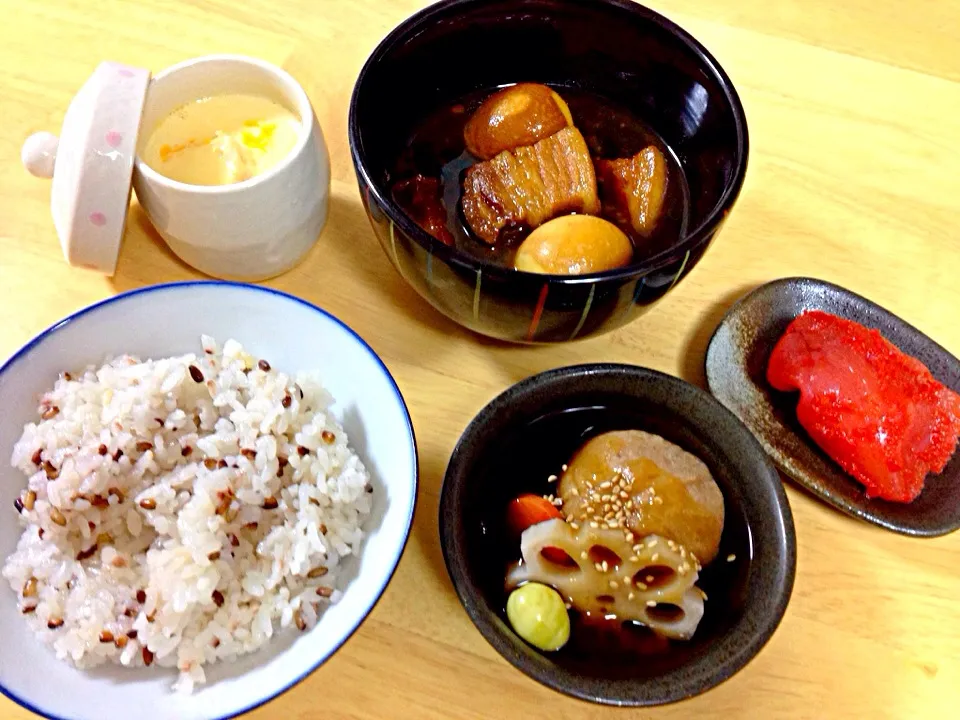 蓮根の茶巾あんかけ、角煮、茶碗蒸し、お取り寄せ明太子…ご飯が進みそうだなw|Chie Hayashiさん