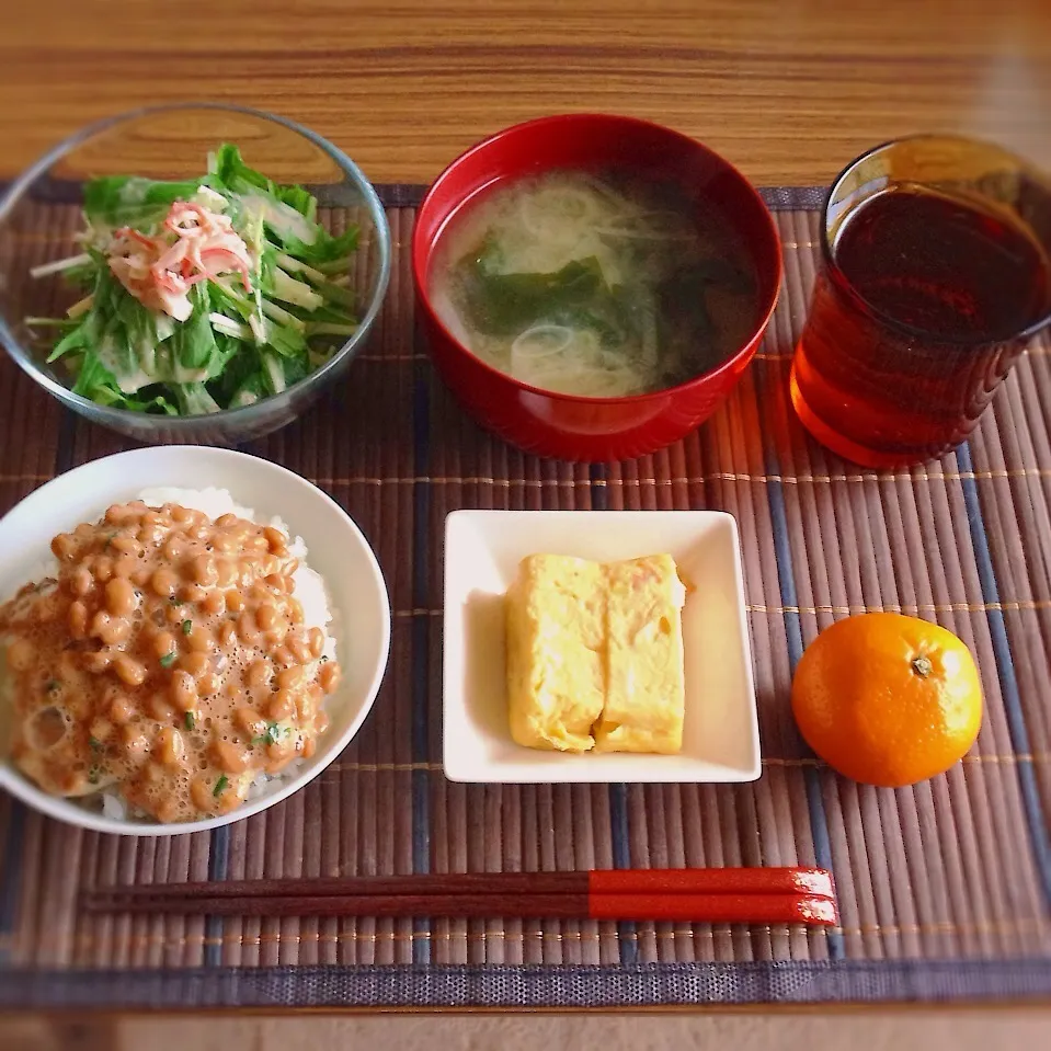 納豆ご飯、長ネギと桜海老の卵焼き、水菜サラダ|はるさん