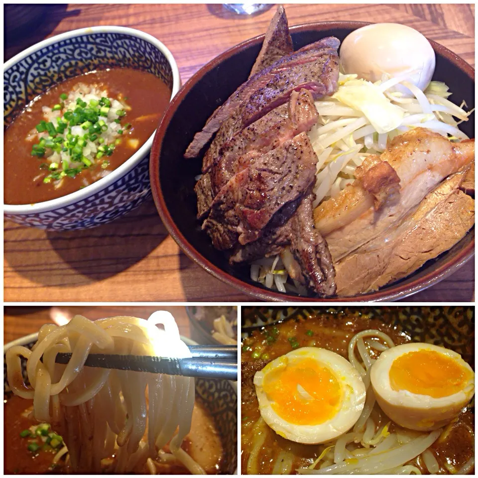 ミニカレーつけ麺＋半熟煮玉子＋ステーキ@燈郎(新小岩)|塩豚骨さん