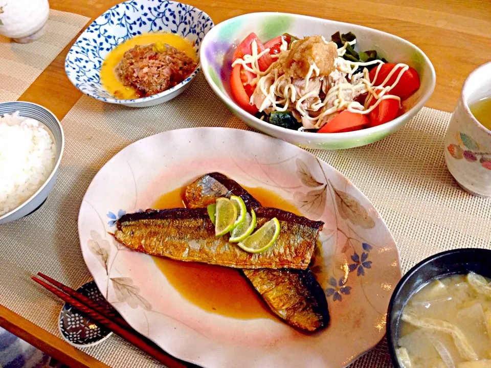 さんまのすだちポン酢かけ＆ささみのおろしサラダ＆納豆＆大根の味噌汁＆ご飯|sho...✡*゜さん