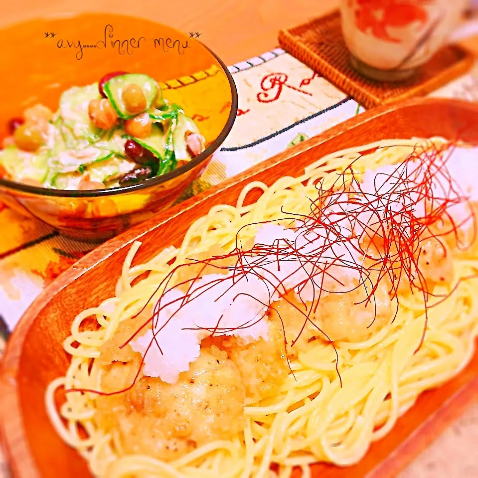 ササミみぞれパスタ＆ビーンズサラダ(●⁰౪⁰●)|avyさん