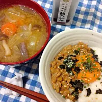 ネバネバ丼と生姜豚汁。|karakoさん