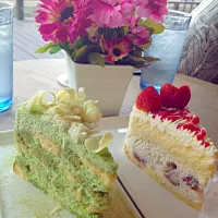 Snapdishの料理写真:Green tea cake & strawberry short cake|Erika Iijimaさん